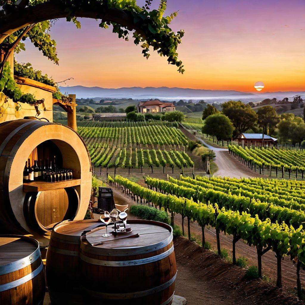 A picturesque vineyard at sunset, featuring elegantly designed tasting rooms with modern architecture blending into nature. Rows of lush grapevines stretch towards the horizon, with a rustic wine barrel in the foreground. Guests enjoying a wine tasting while overlooking the stunning landscape. Incorporate soft, warm lighting and rich colors to evoke a luxurious ambiance. super-realistic. vibrant colors. soft-focus background.