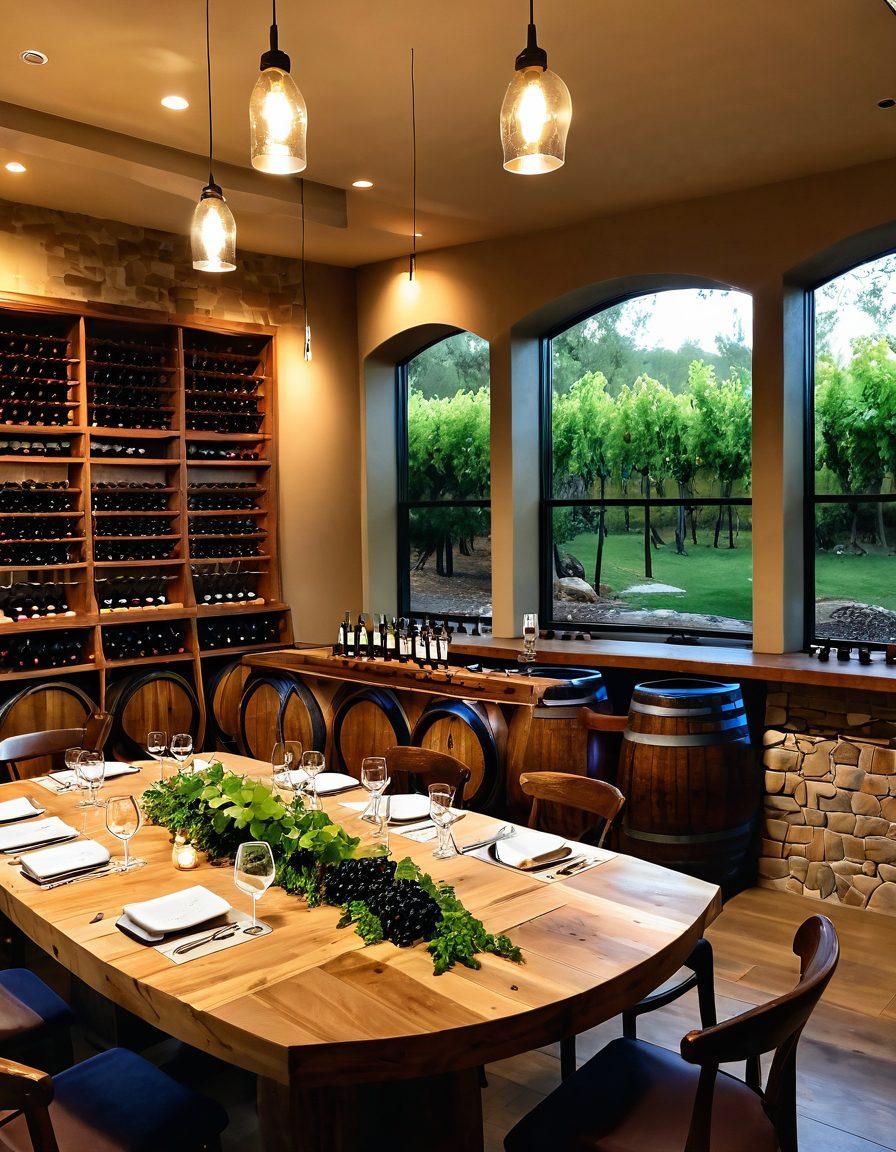 An elegant wine tasting room filled with soft, ambient lighting, showcasing wooden barrels and stylish wine racks. Guests savor wine in an inviting atmosphere with lush greenery visible through large windows. Include a rustic dining table set for a wine tasting, with glasses sparkling in gentle candlelight. Capture the luxurious yet cozy feel of a vineyard experience. super-realistic. warm tones. inviting ambiance.