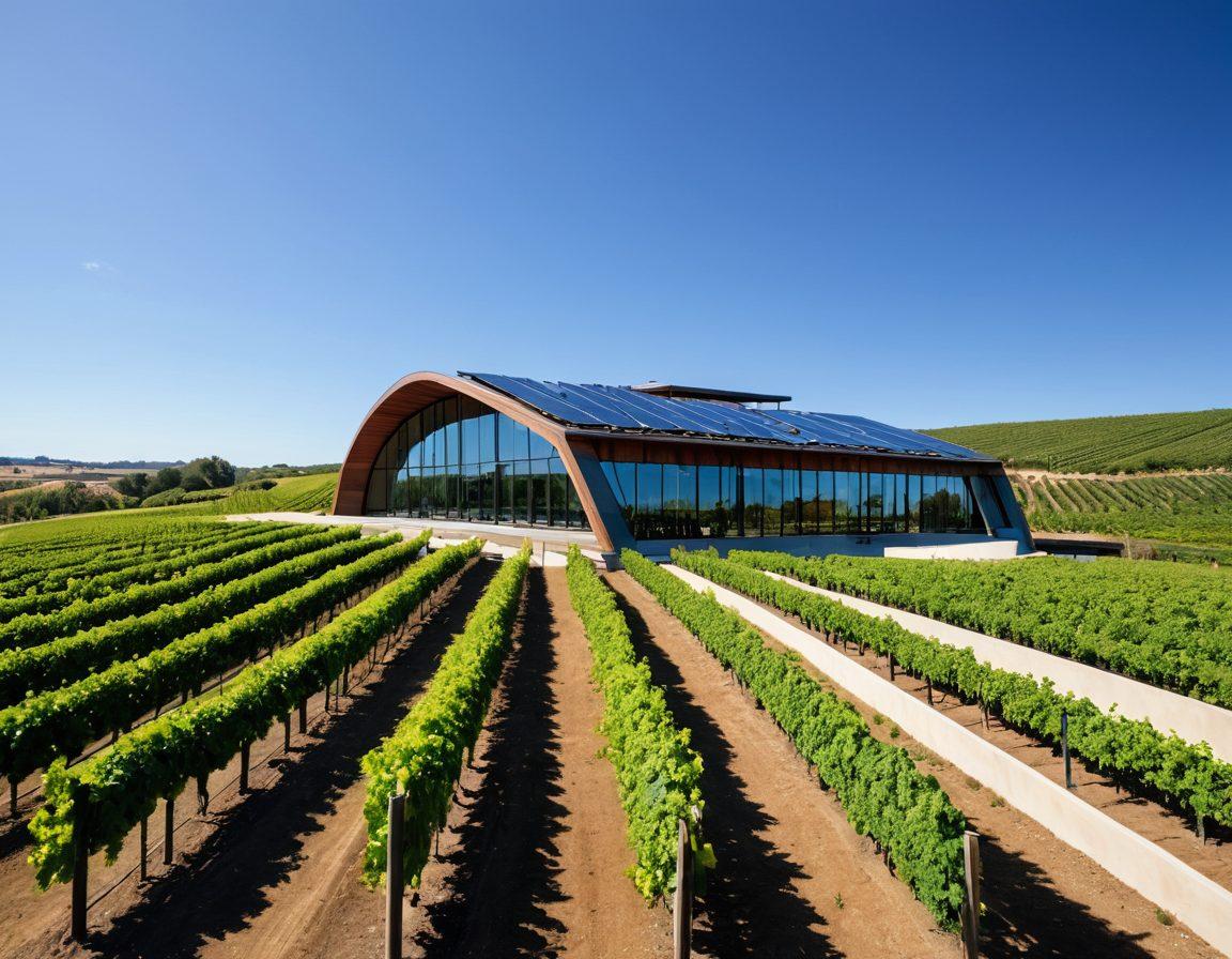 A breathtaking view of a modern winery with innovative architecture nestled in lush green vineyards, featuring eco-friendly designs, solar panels, and water-efficient features. The scene includes rows of vibrant grapevines and a serene landscape under a clear blue sky. The winery's exterior showcases a blend of natural materials and sleek glass elements, illustrating harmony with nature. super-realistic. vibrant colors. 3D.